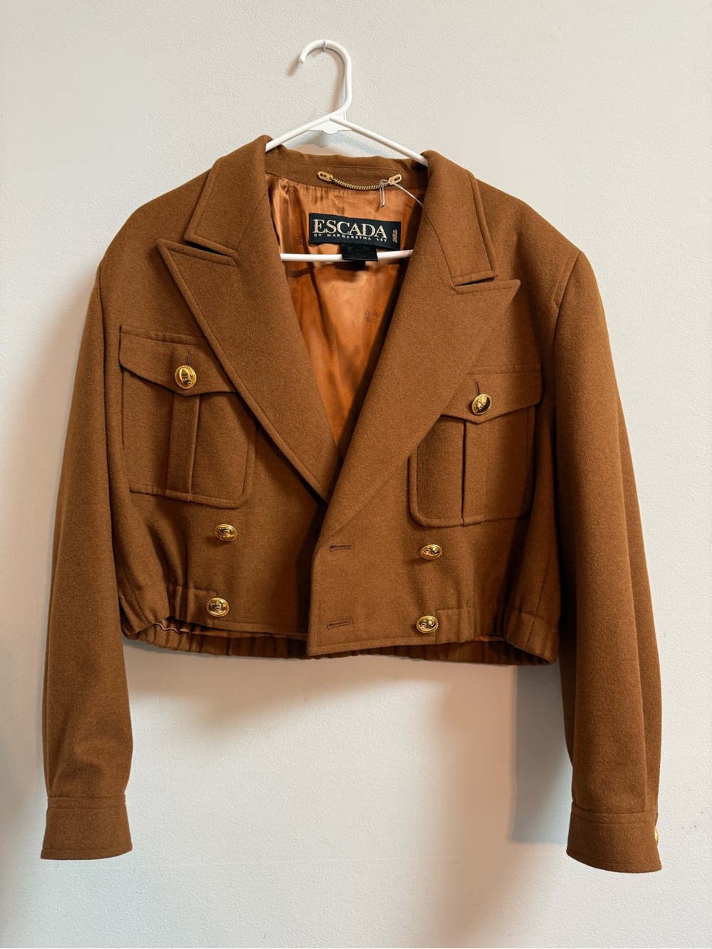 Escada Cropped Military-Style Wool Silk Blazer in Warm Brown Size 40